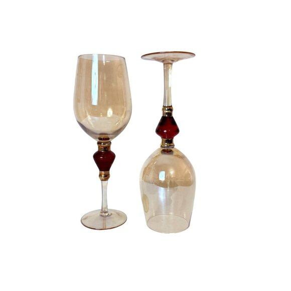 Pier 1 Amber Wine Glasses Set of 2 VTG Elegant Holiday Goblets Bar Cart Decor - Picture 15 of 16